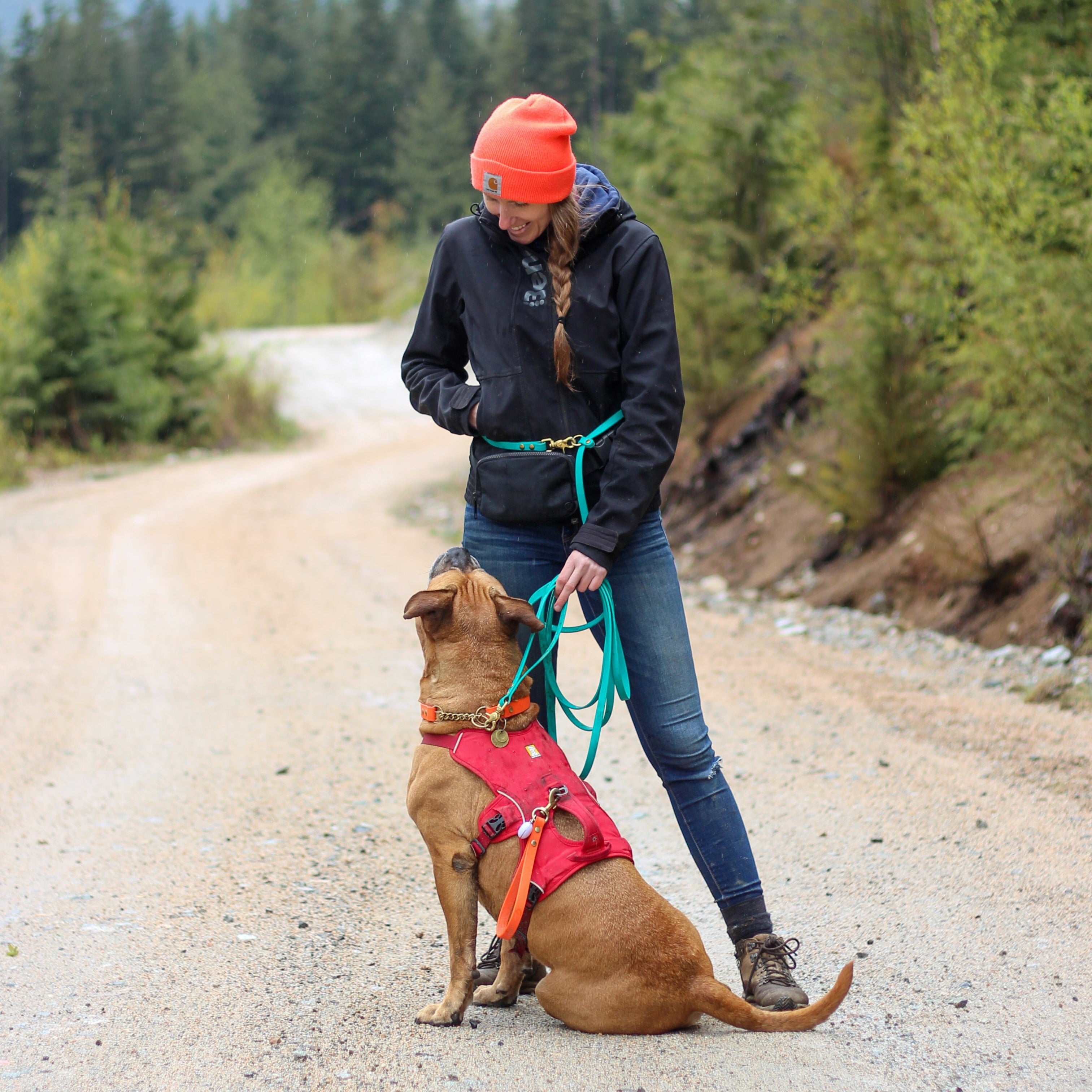 Woman training her Large Dog using a Waterproof Biothane Hands-Free Long Line